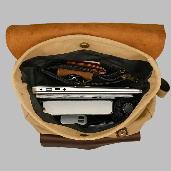 Mochila de Cuero y Lona Genuinos | Mochila Vintage para Laptop de Universidad